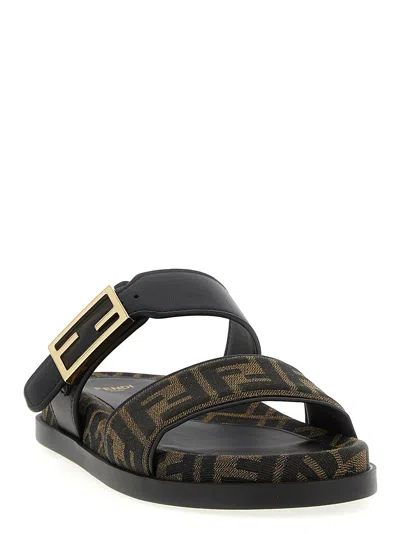 Fendi Leather Sandals With Double Strap And Buckle In Brown