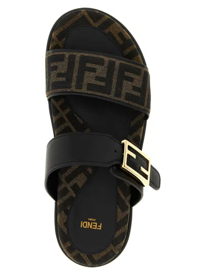 Fendi Leather Sandals With Double Strap And Buckle In Brown