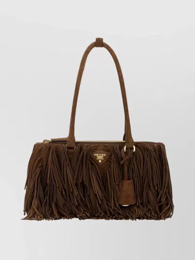 Prada Suede Shoulder Bag With Fringe And Handles In Brown