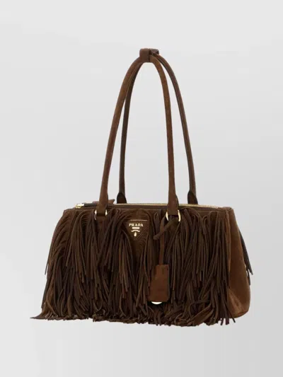 Prada Suede Shoulder Bag With Fringe And Handles In Brown
