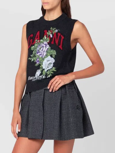 Ganni Flowers Grey Vest In Black