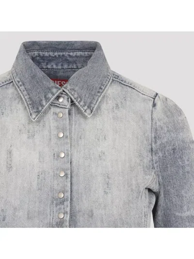 Diesel Shirt In Distressed Honeycomb Denim In Gray