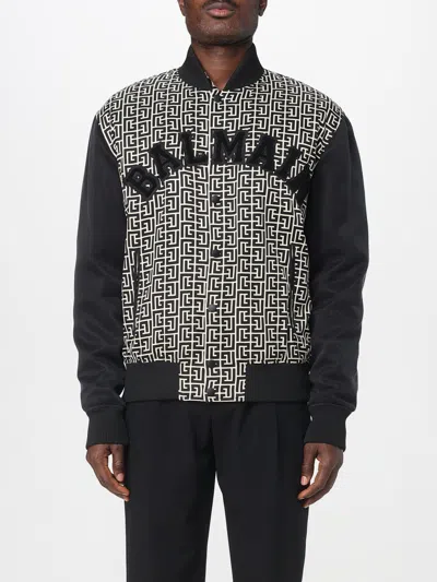 Balmain Pb Labyrinth Monogram Varsity Bomber Jacket In Black