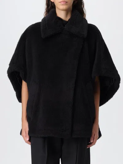 Max Mara Relaxed Black Coat With Plush Texture And Wide Collar In Black