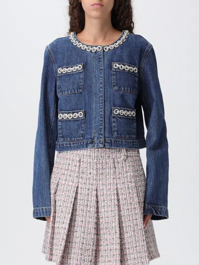 Self-portrait Cropped Denim Jacket With Crystal Chain Trims In Blue