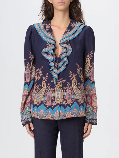 Etro Women's Long Sleeve Ruffled Neck Paisley Top In Blue