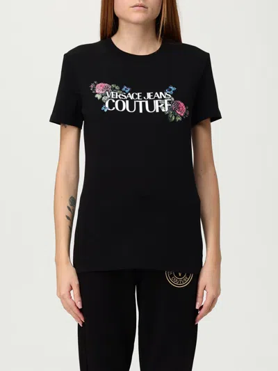 Versace Jeans Couture Floral Print Short Sleeve Crew Neck Top In Black