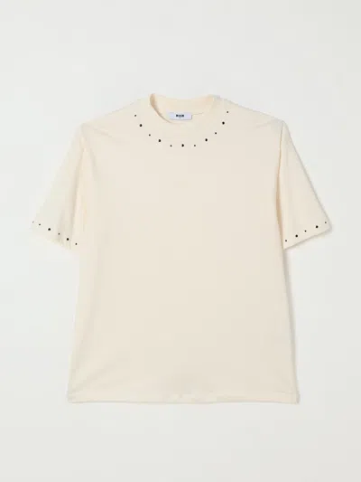 Msgm Ivory T-shirt For Girl With Logo In Neutral