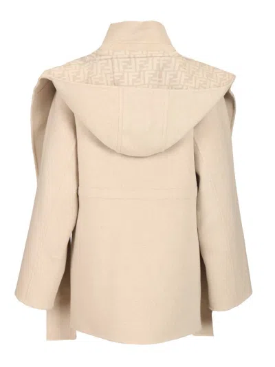 Fendi Parka Double Wool Ff With Detachable Hoodie Scarf Coats Beige In Brown