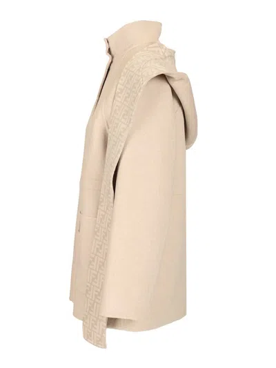 Fendi Parka Double Wool Ff With Detachable Hoodie Scarf Coats Beige In Brown