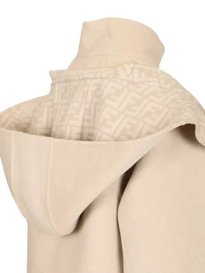 Fendi Parka Double Wool Ff With Detachable Hoodie Scarf Coats Beige In Brown