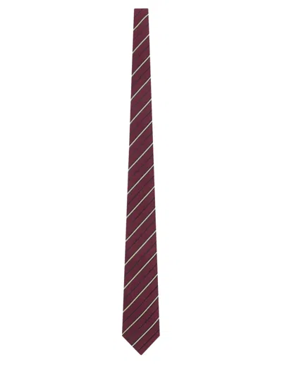 Saint Laurent Silk And Wool Striped Wide Tie In Burgundy