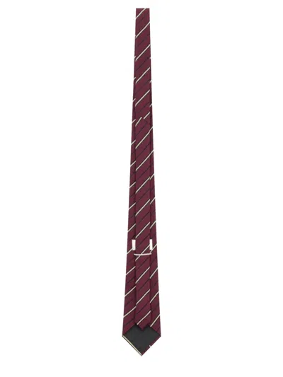 Saint Laurent Silk And Wool Striped Wide Tie In Burgundy