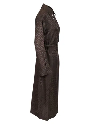 Fendi Silk Chess Ff Long Sleeve Midi Dress Dresses Brown In Brown
