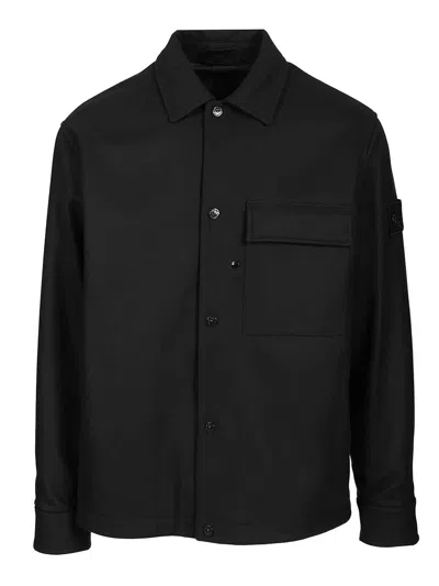 Stone Island Wool Blend Shirt With Chest And Flap Pockets In Blue