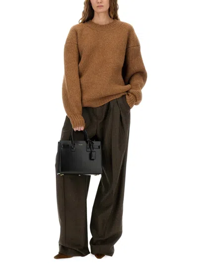 Saint Laurent Wool Herringbone Pattern Wide Leg Pants In Brown