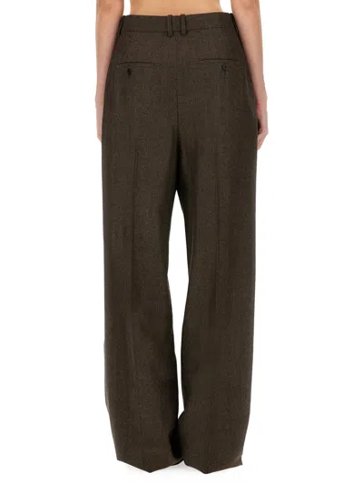 Saint Laurent Wool Herringbone Pattern Wide Leg Pants In Brown