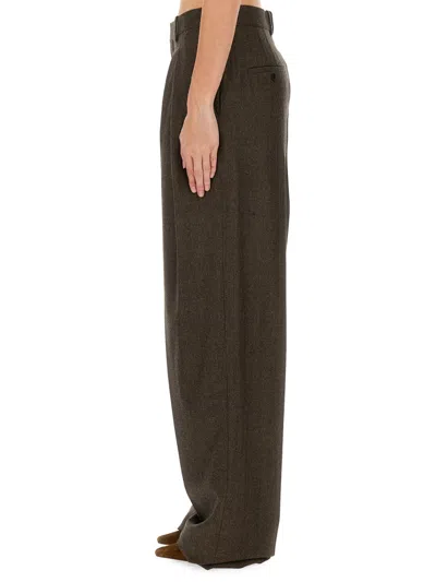 Saint Laurent Wool Herringbone Pattern Wide Leg Pants In Brown