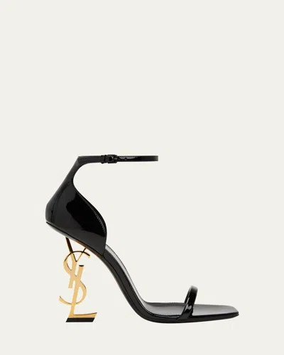 Saint Laurent Opyum Patent Leather Sandals With Structured Heel Featuring Metal Ysl Initials And Adj In Black