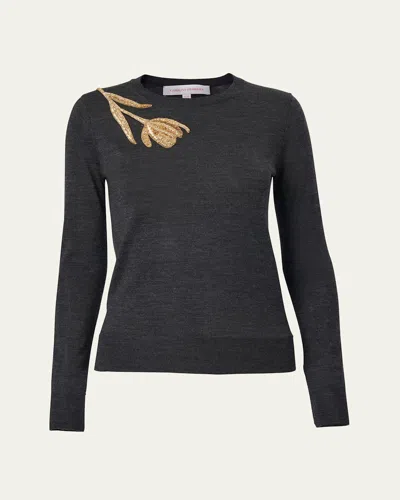 Carolina Herrera Tulip Embellished Wool-silk Sweater In Gray