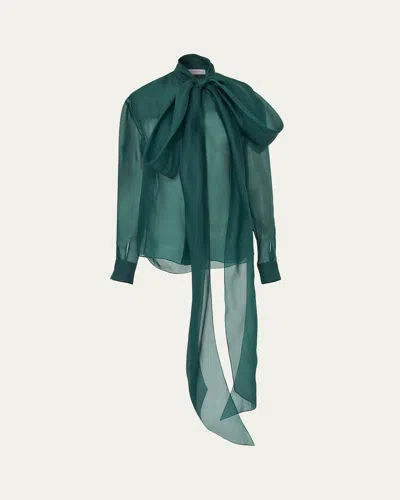 Carolina Herrera Bow Silk Button-down Top In Green