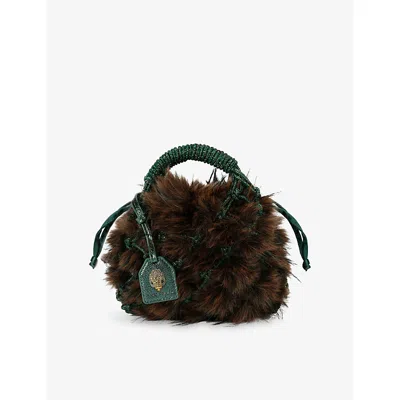 Kurt Geiger Plush Brown Clutch With Green Netted Cord Design And Gold Emblem In Brown
