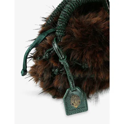 Kurt Geiger Plush Brown Clutch With Green Netted Cord Design And Gold Emblem In Brown