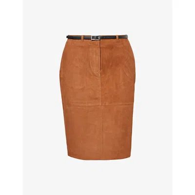 Samsoe & Samsoe Womens Tortoise Shell Savana Belted Leather-suede Midi Skirt In Brown