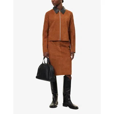 Samsoe & Samsoe Womens Tortoise Shell Savana Belted Leather-suede Midi Skirt In Brown