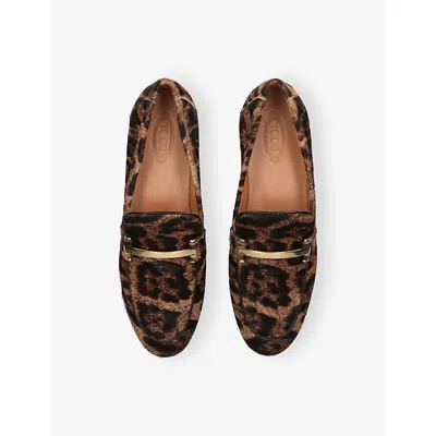 Tod's Brown Loafers With Logo Plaque On The Front And All-over Leopard Motif In Suede Woman In Brown