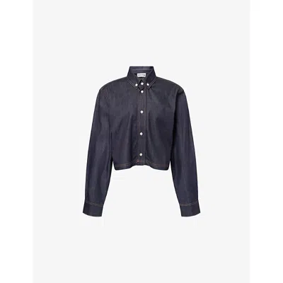 The Couture Club Womens Dark Indigo Cropped Embroidered-logo Denim Shirt In Black