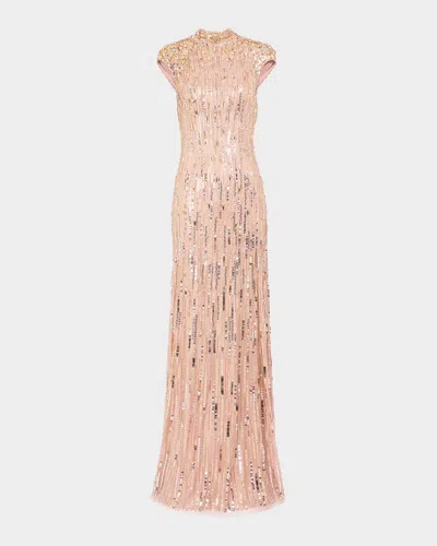 Jenny Packham Ernest Crystal Sequined Cap-sleeve Gown In Pink