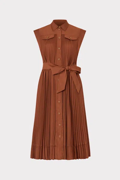 Milly Johanna Pleated Twill Midi Dress In Brown