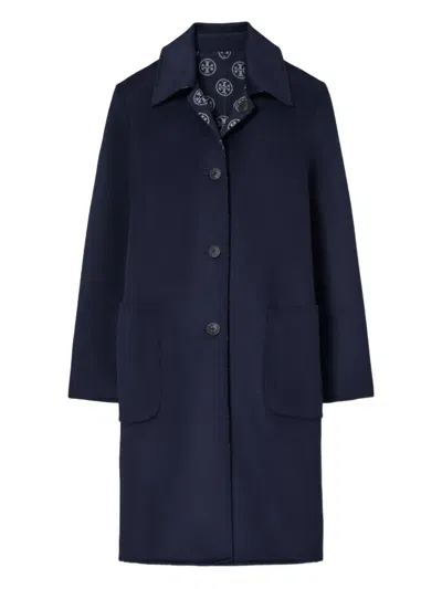 Tory Burch Jacquard Wool Coat With Monogram T In Blue