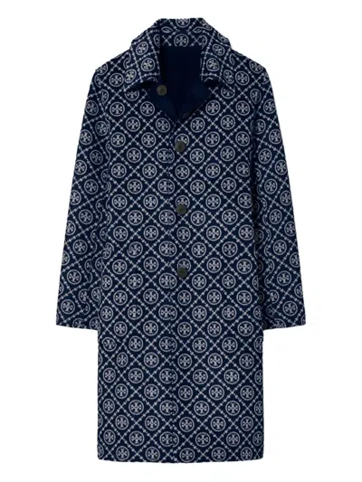 Tory Burch Jacquard Wool Coat With Monogram T In Blue