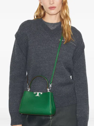 Tory Burch Eleanor Mini Satchel In Hammered Leather Green Color In Green