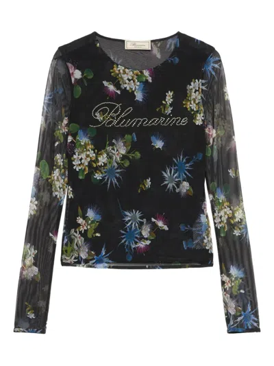 Blumarine Floral-print Mesh Top In Black