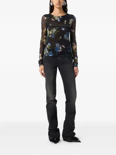 Blumarine Floral-print Mesh Top In Black