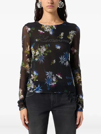 Blumarine Floral-print Mesh Top In Black