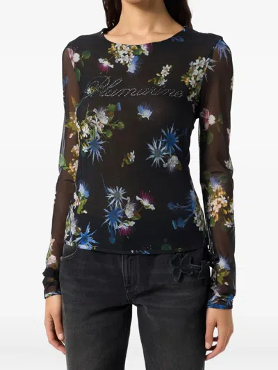 Blumarine Floral-print Mesh Top In Black