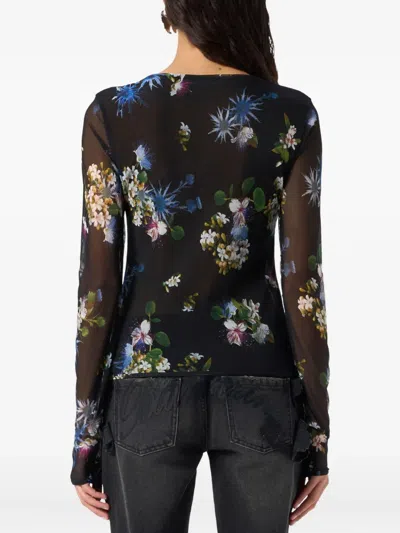 Blumarine Floral-print Mesh Top In Black