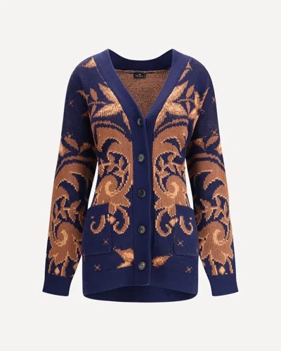 Etro Wool Jacquard V-neck Cardigan With Front Pockets In Blue