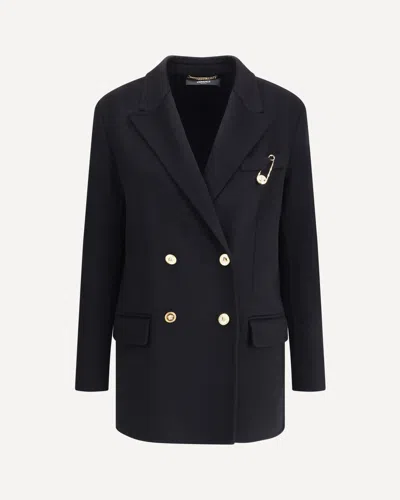Versace Statement Safety Pin Double-breasted Coat In Black