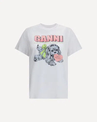 Ganni Graphic Print Crew Neck Short Sleeve Top In White
