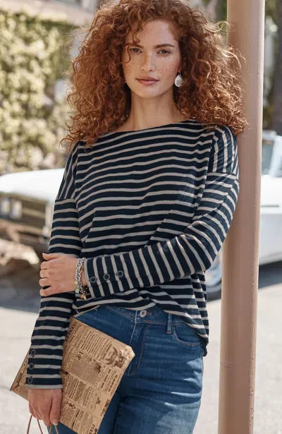 Jjill J.jill Striped Buttoned-cuff Tee In Black