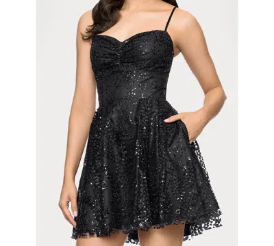 Blondie Nites Juniors' Sequined Lace-up-back A-line Dress In Black