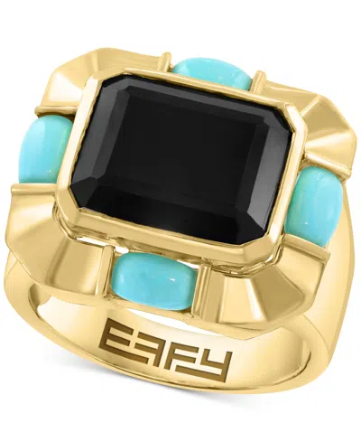 Effy Collection Effy Onyx & Turquoise Cushion & Oval Statement Ring In 14k Gold-plated Sterling Silver In Multi