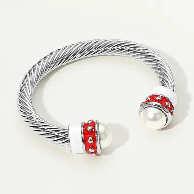 Fashnzfab Pearl Tip Enamel Two Tone Cuff Bracelet Red, White In Silver