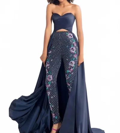 Rachel Allan Stretch Satin Gown With Beaded Pants In Navy In Blue