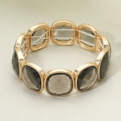 Fashnzfab Round Square Faceted Gemstone Frame Beaded Stretch Bracelet Black Diamond, Worn Gold In Multi
